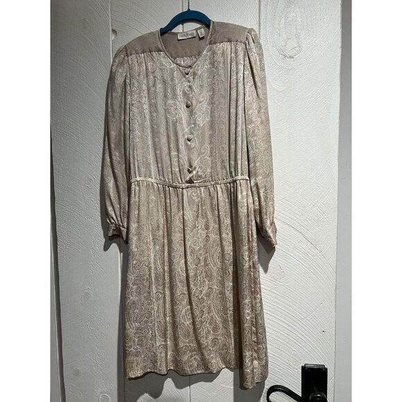 Vintage Frank Young Dress 100% Silk Paisley Long Sleeve 10 Silver Secretarial - Picture 1 of 10